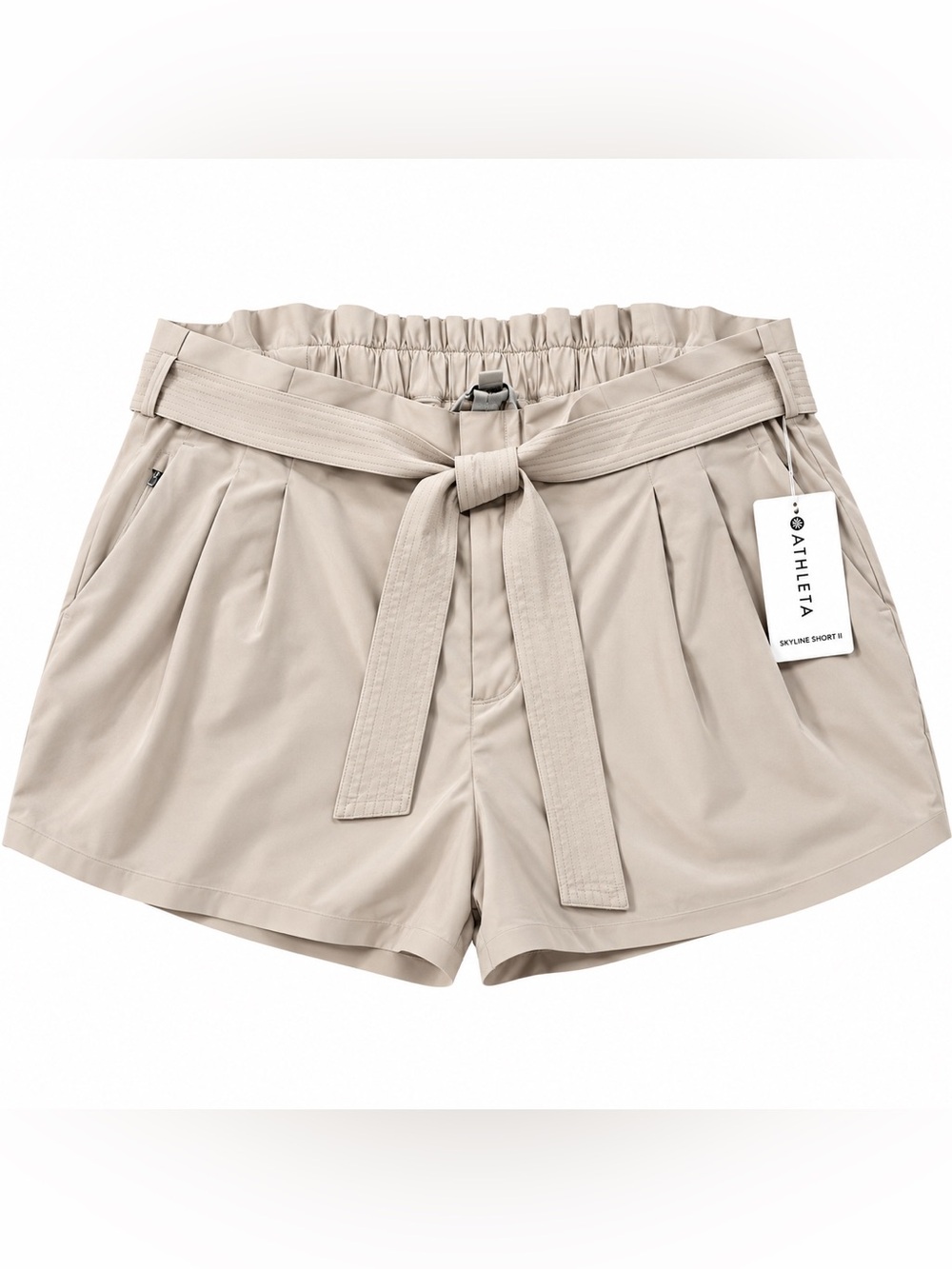 NWT Athleta Skyline Short II Abalone Grey Beige Paperbag Belted Shorts—Sz 24